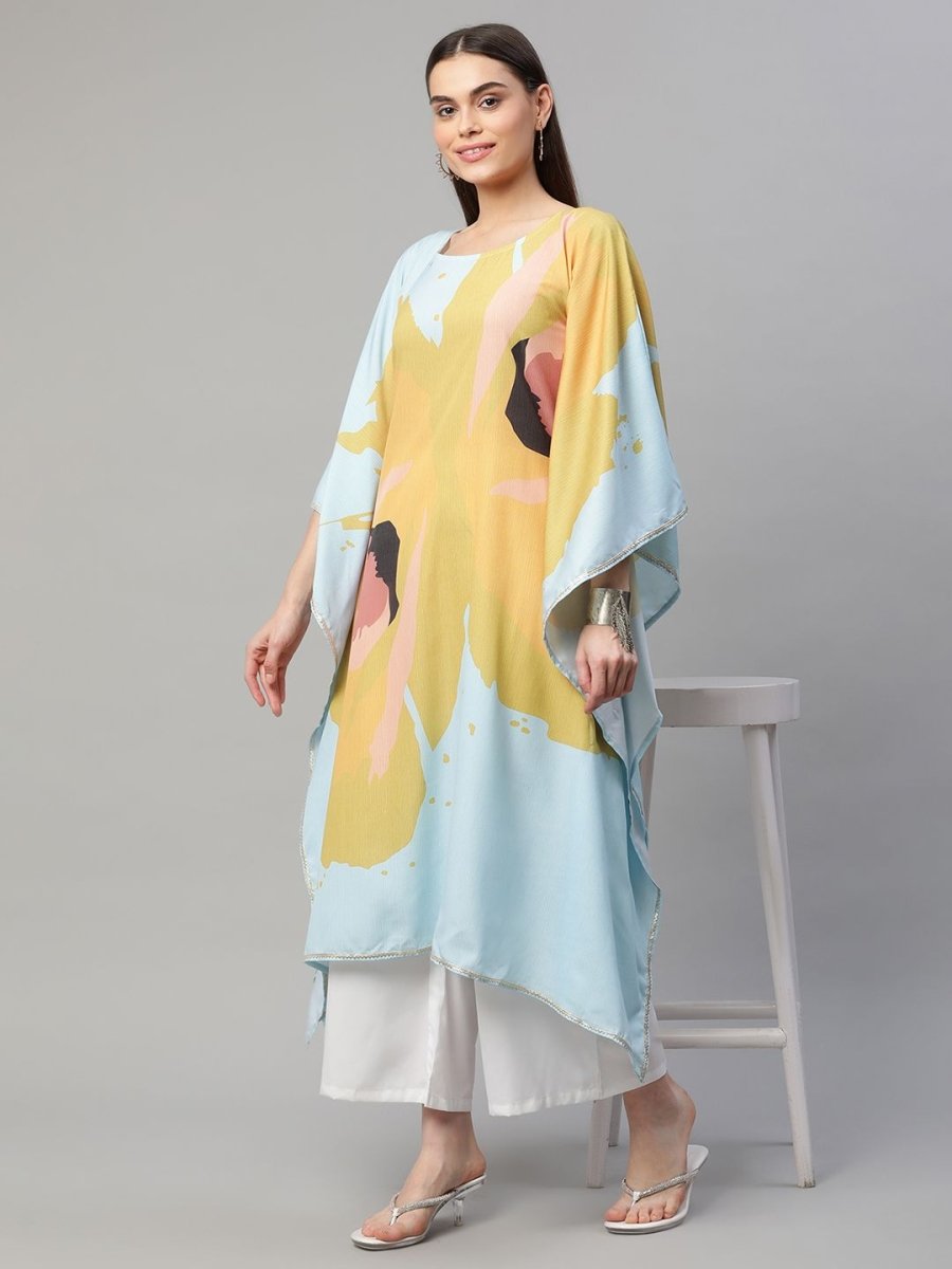 Ahalyaa Women Yellow Crepe Digital Printed Kaftan Kurta with Palazzos | Swadesiicart