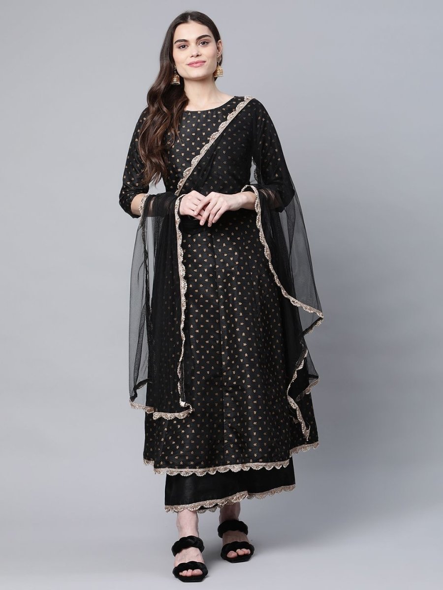 Ahalyaa Women Black Poly Silk Gold Printed Anarkali Kurta Palazzo Set With Dupatta | Swadesiicart