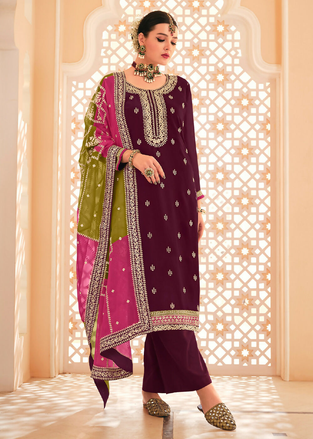 Dazzling Wine Embroidered Chinnon Palazzo Salwar Kurta - Emponline | Swadesiicart