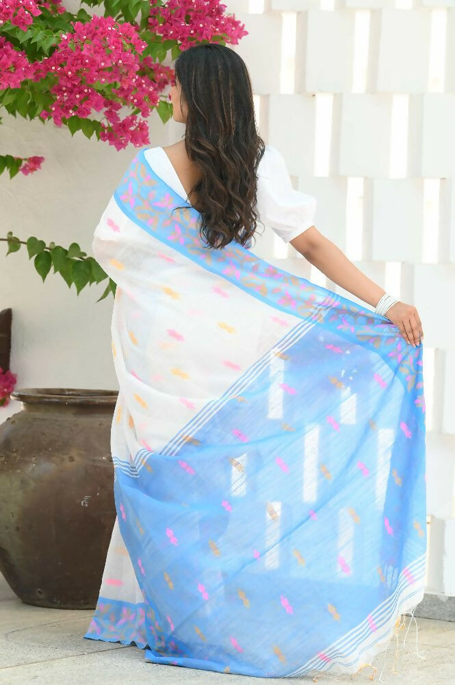 Beatitude White Slub Cotton Floral Jamdani Saree