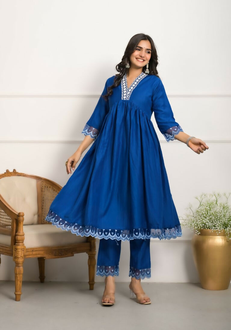 Festive Wear Ethnic Blue Silk wih cotton inner Stitched Suit With Dupatta - Tanisha | Swadesiicart