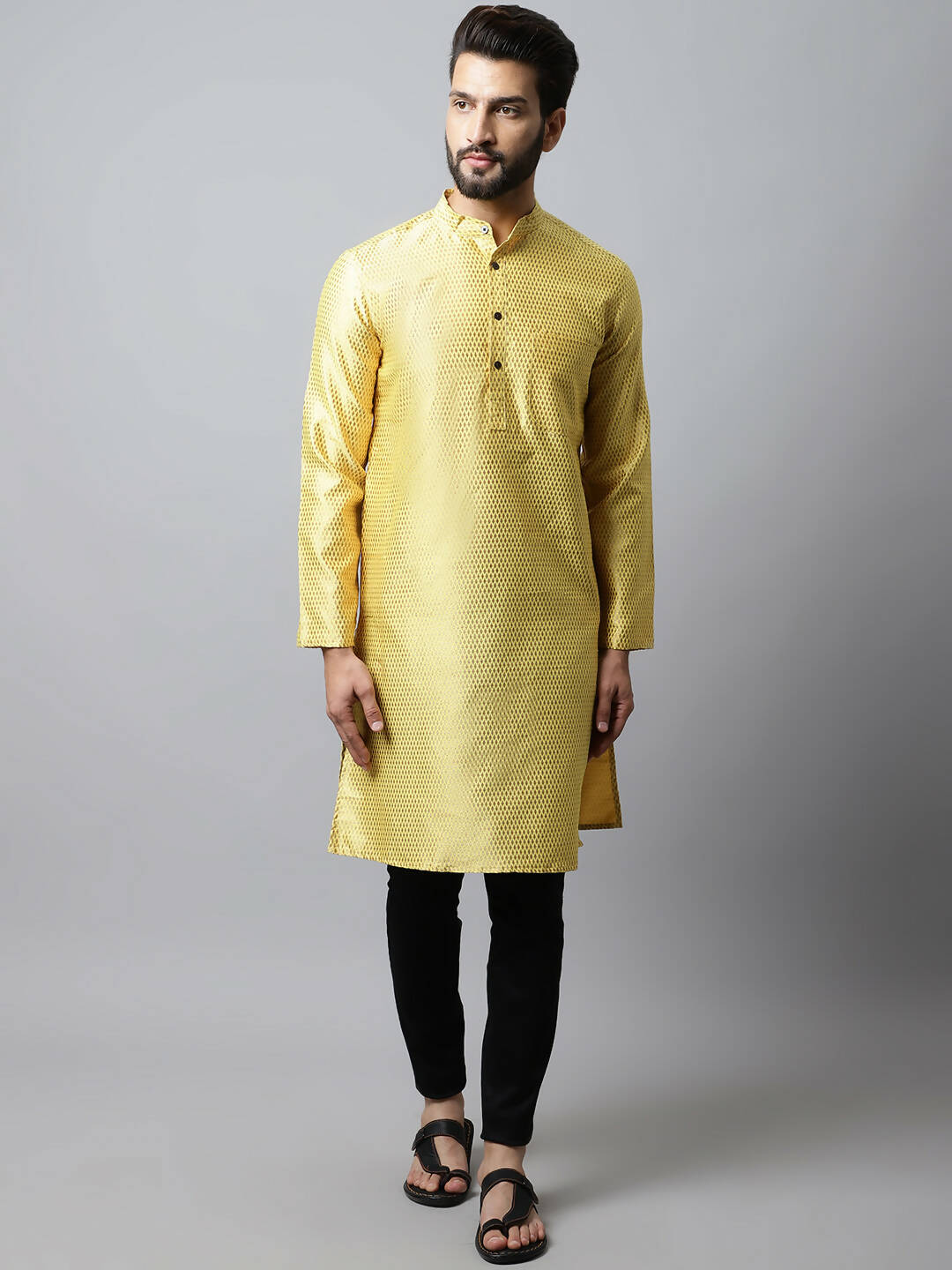 Even Apparels Yellow Color Art Silk Banarsi Silk Men's Kurta With Band Collar (BS017) | Swadesiicart