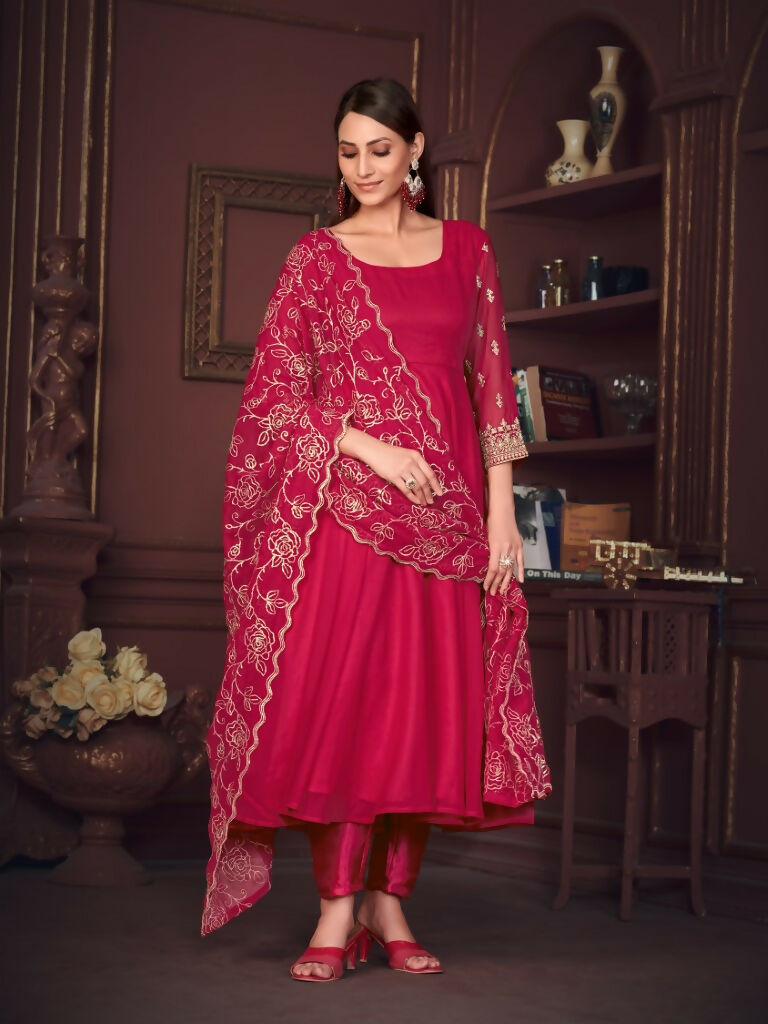 Jyoti Fashion Women's Rani Pink Georgette Embroidered Anarkali Kurta Pant Set With Dupatta | Swadesiicart