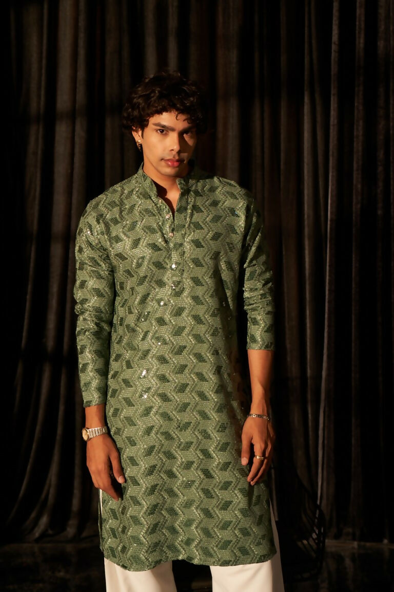 Green viscose Chikankari Embroidery Work Men's Traditional Kurta Set - Mahotsav | Swadesiicart