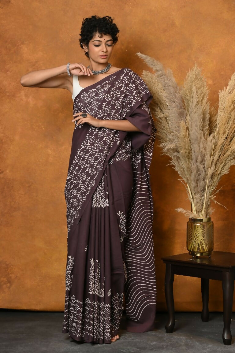 Very Much Indian Handblock Printed Cotton Saree With Natural Dyes - Brown | Swadesiicart