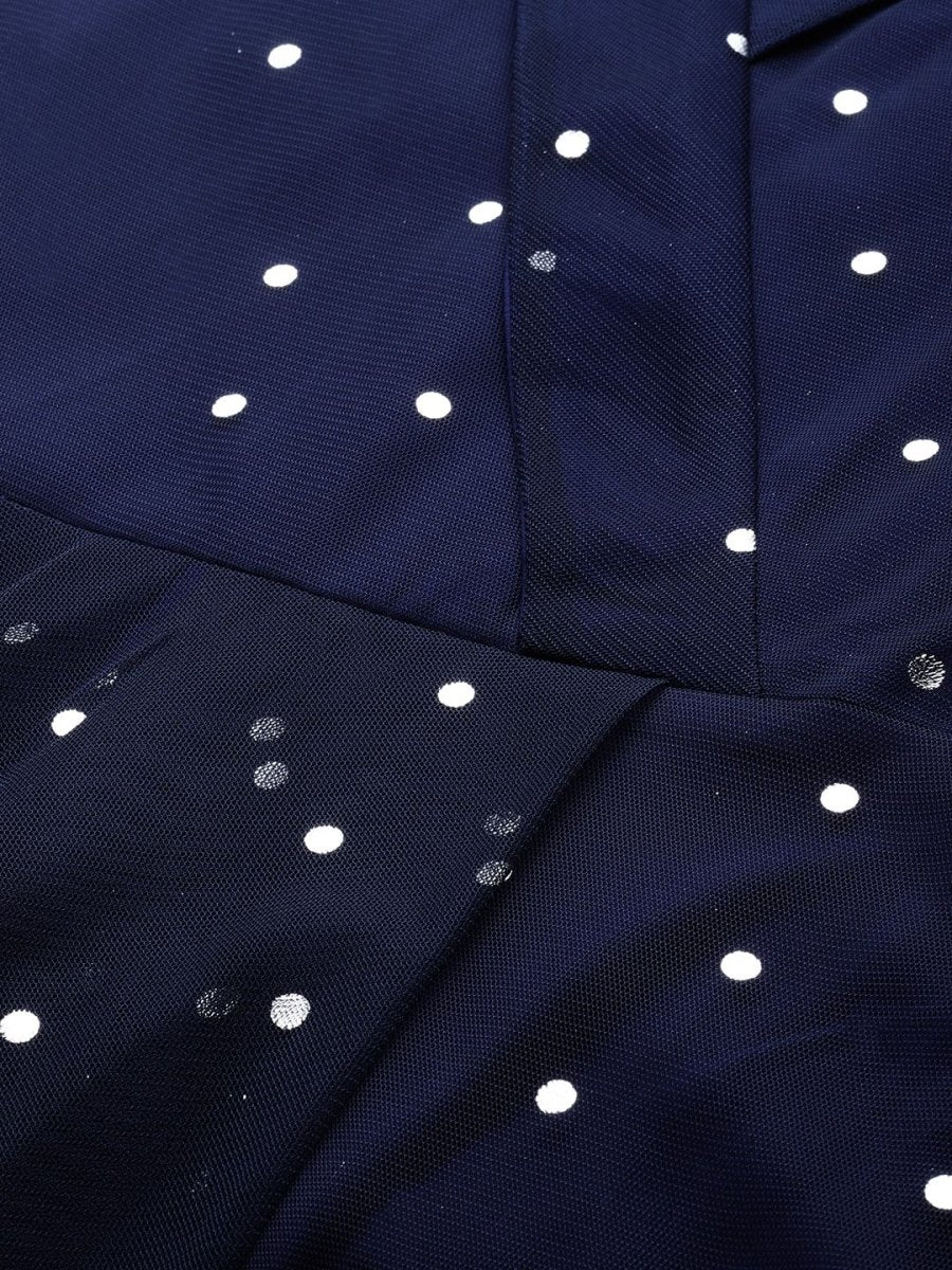 Ahalyaa Navy Blue Net & Crepe Silver Toned Polka Dots Printed Maxi Dress | Swadesiicart
