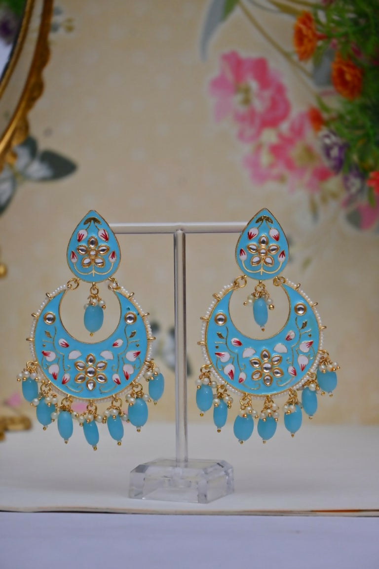 Blue Gold-Polished Brass & Pearl Dangle Women Earrings| Hand Painted Meenakari Chandbali Traditional Ethnic Wear Earrings By House of Ree - Swadesiicart