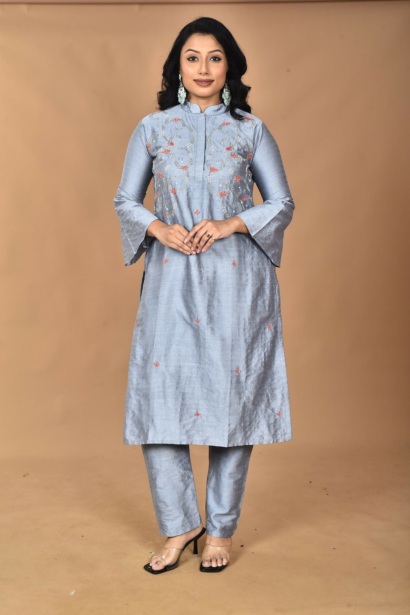 Morchari Women And Hand Embroidery Co-Ord Set-Grey - Swadesiicart