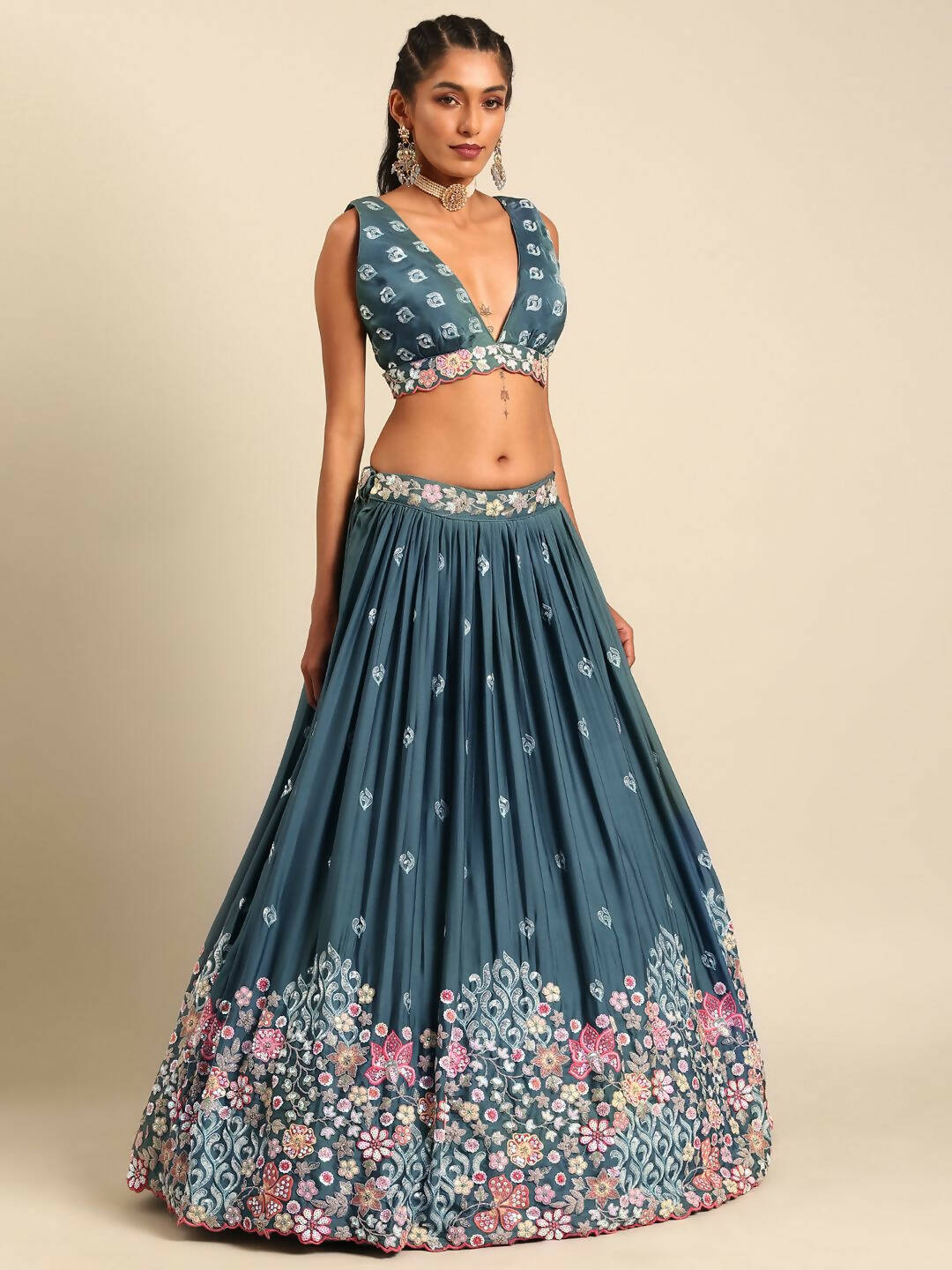 House of Panchhi Teal Blue Chinon Sequins embroidery Lehenga choli & Dupatta | Swadesiicart