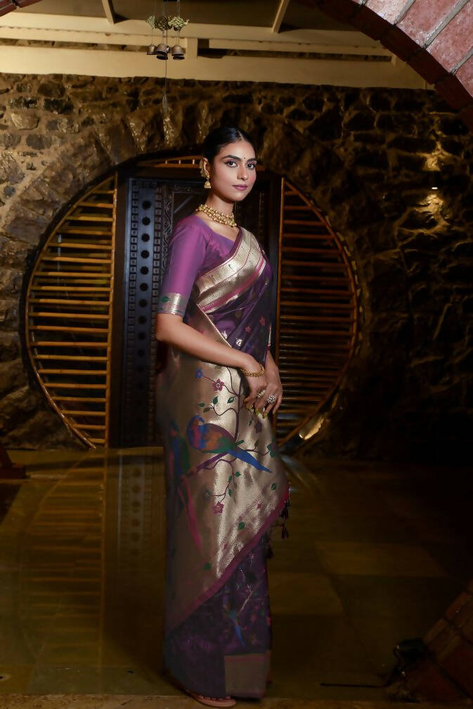 Vishnu Weaves Women's Wine Paithani Silk Zari Woven Saree with Unstitched Blouse - Swadesiicart