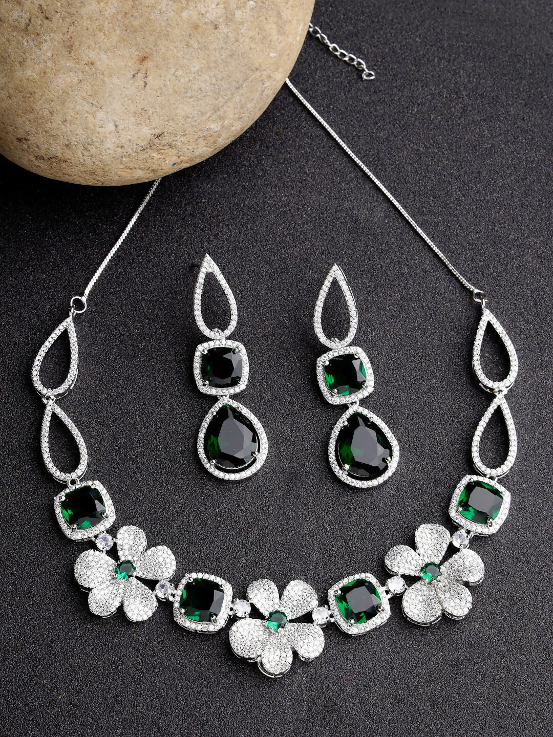 NVR Women's Green & Silver-Plated American Diamond Handcrafted Jewellery Set - Swadesiicart