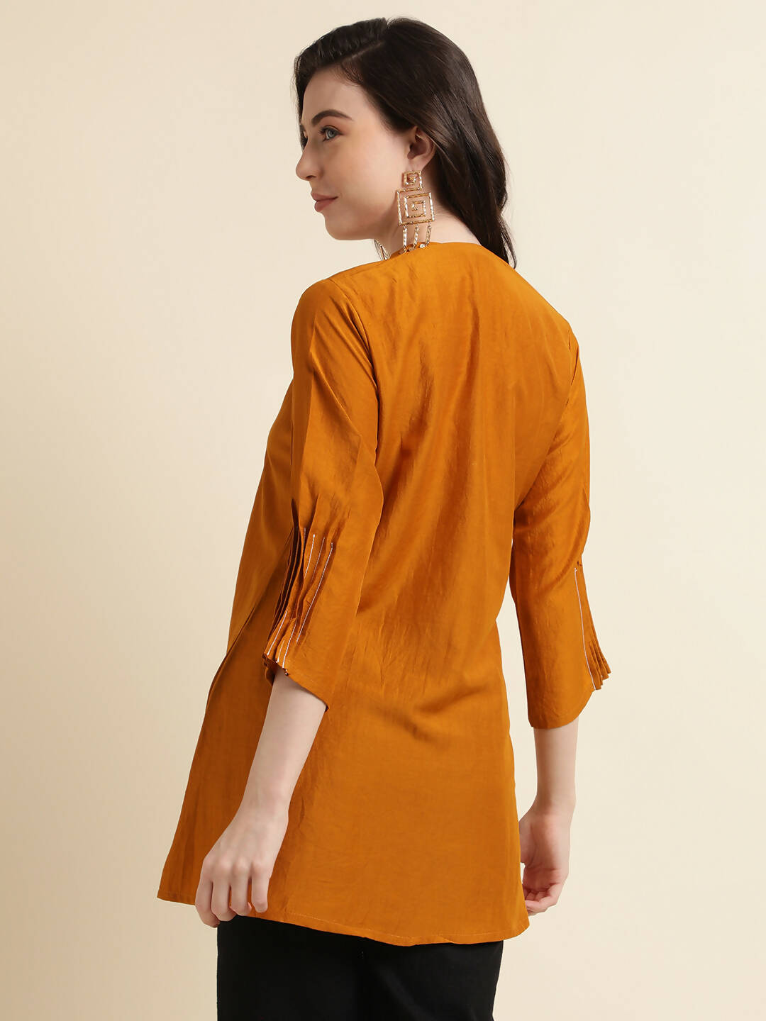 Mustard Chinon Yoke Embroidered A-line Top - Tarini - Swadesiicart