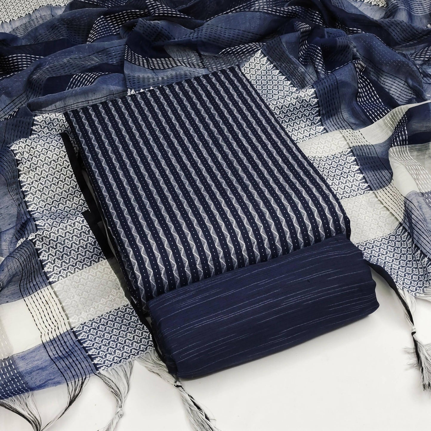 Blue Cotton Jacquard Woven Unstitched Dress Material - Amara