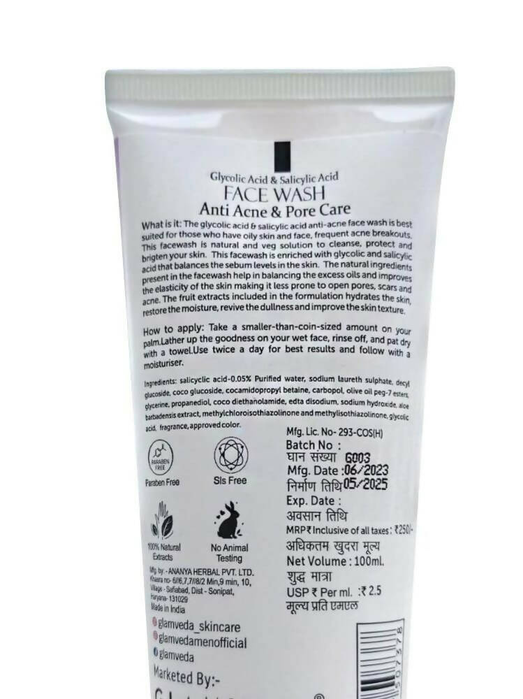 Glamveda Glycolic Acid & Salicylic Acid Anti Acne Face Wash - Swadesiicart