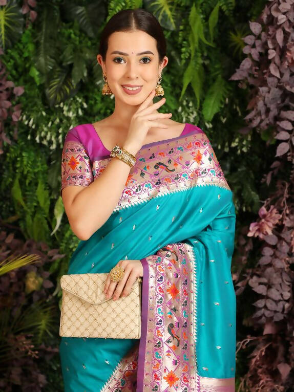 Vishnu Weaves Women's Rama Paithani Silk Zari Woven Saree with Unstitched Blouse - Swadesiicart