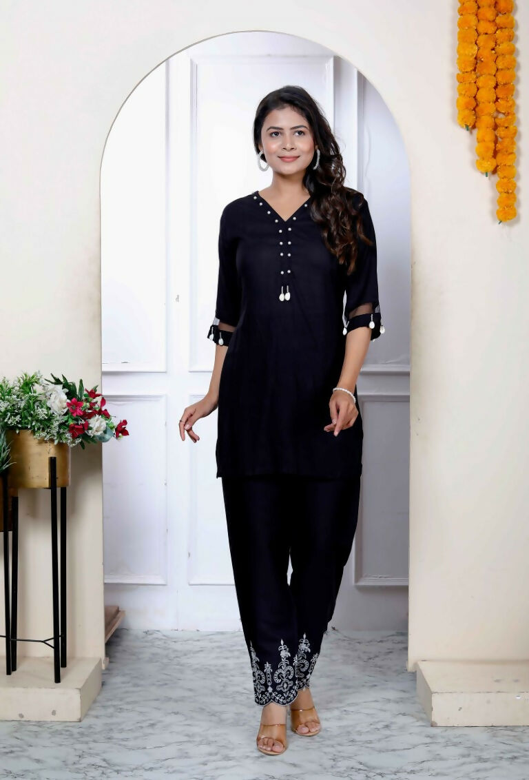 Miravan Women's Solid Black Rayon Co-Ord Set - Swadesiicart