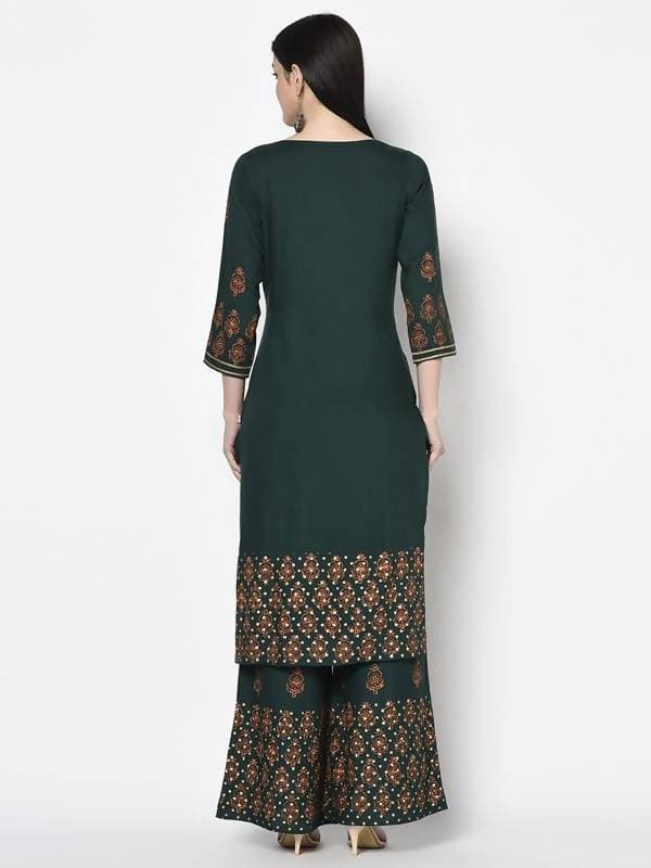 Aniyah Rayon Bottle Green Block Print Straight Kurta (AN-218K) - Swadesiicart