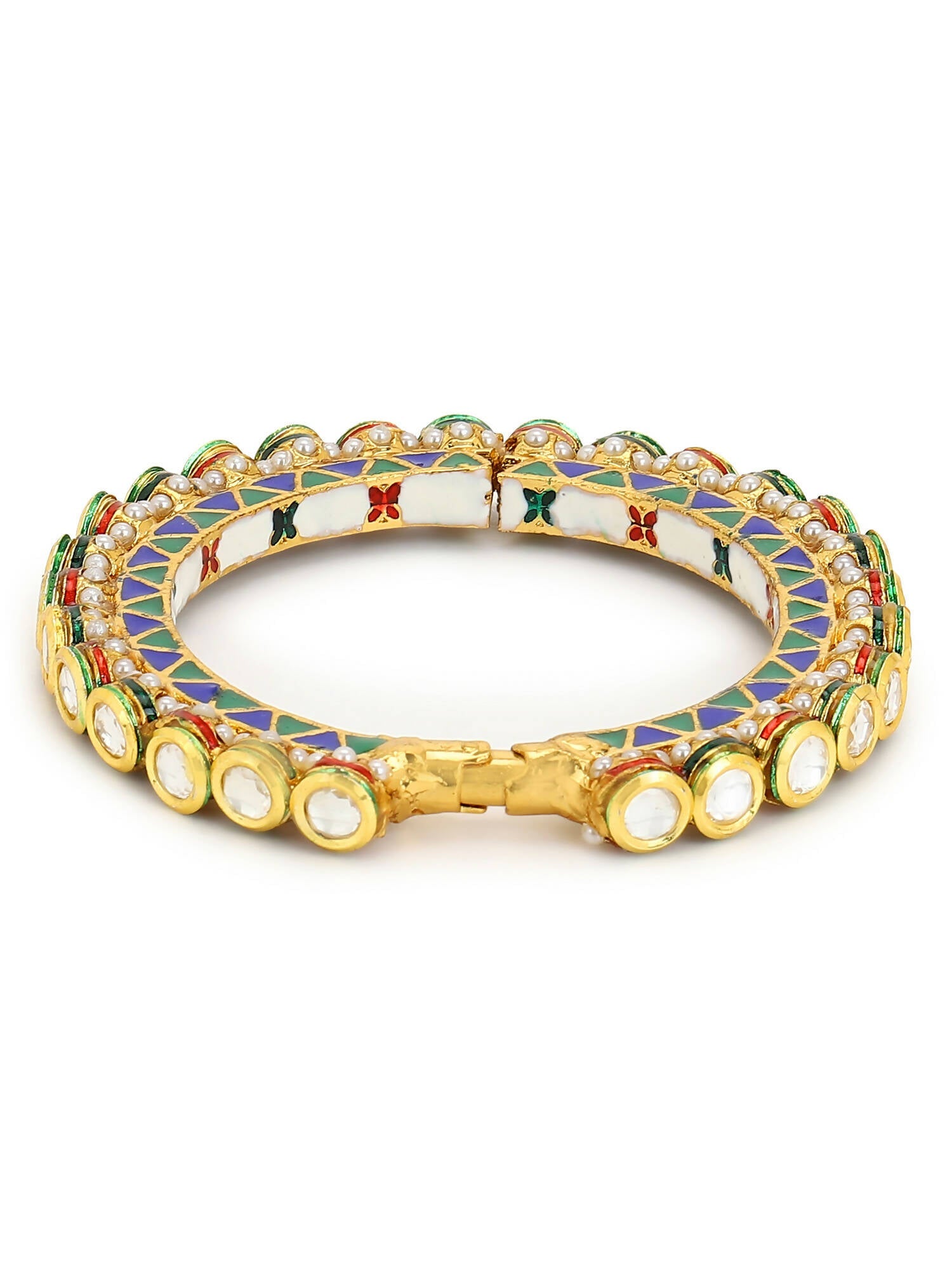 Gold-Polished Stone Studded Meenakari Bangle - Ruby Raang - Swadesiicart