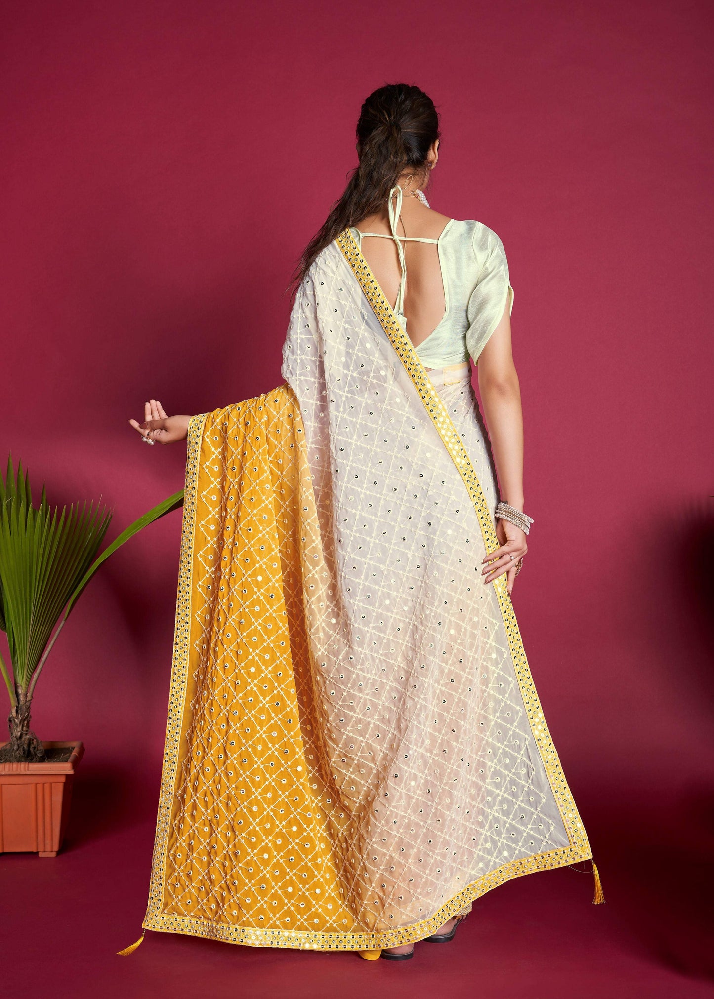 Vamsee Yellow Sequence 1 Yellow Satin Benglori Saree - Swadesiicart