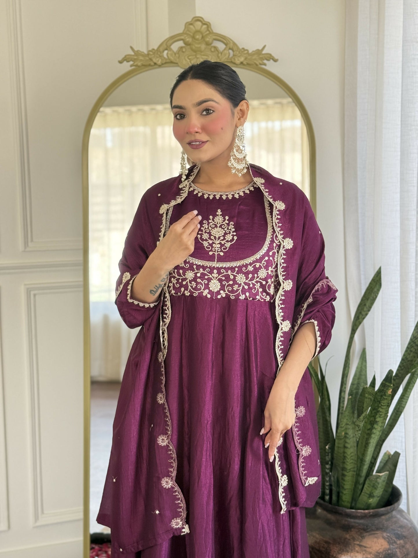 The52 Purple Women's Gorgeous Embroidered Vichitra Silk Fabric Flared Kurta Pant with Dupatta Set - Swadesiicart