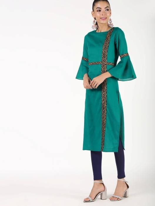 Aniyah Cotton Bell Sleeve Solid Straight Kurta In Turquoise Color (AN-147K) - Swadesiicart