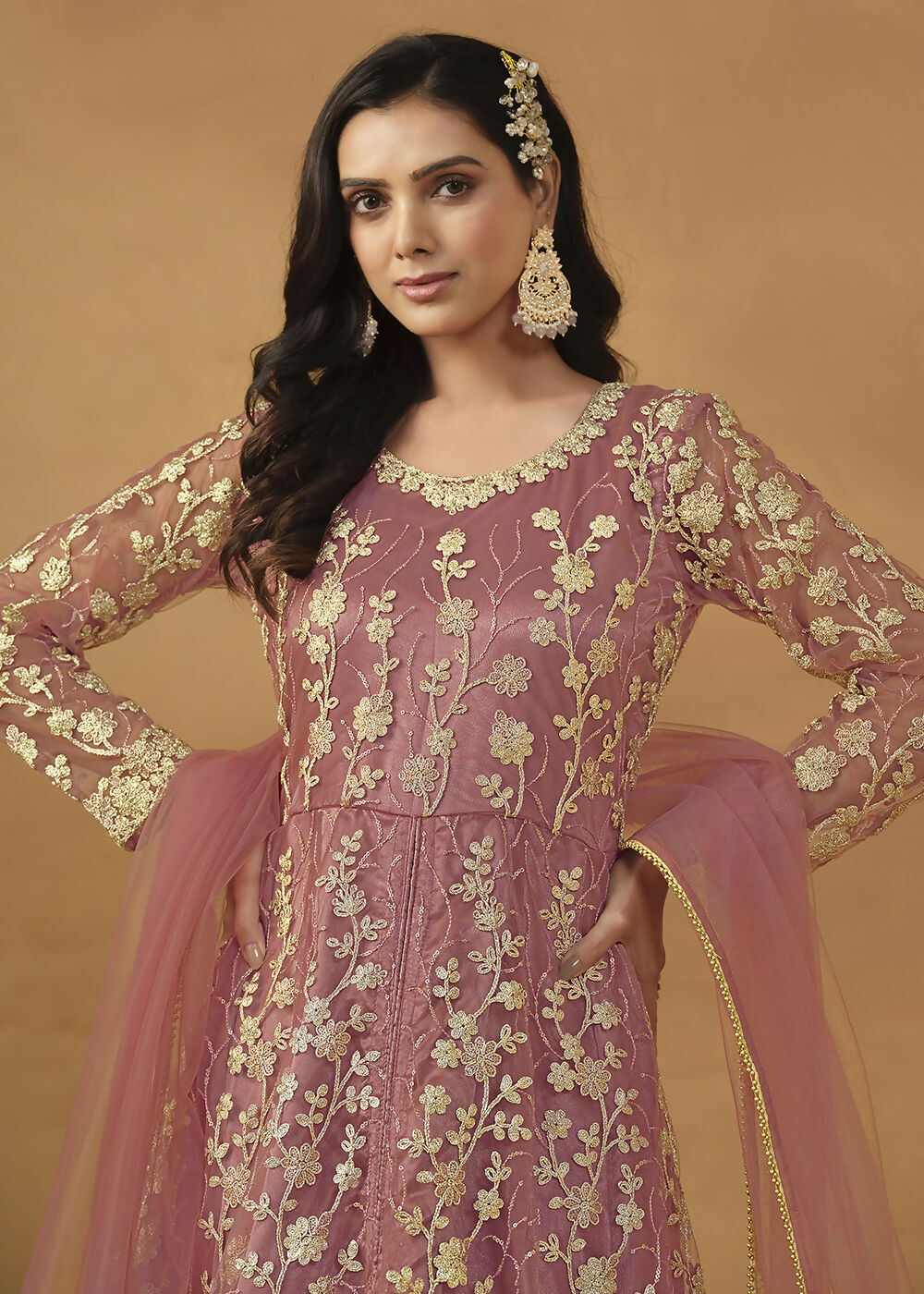 Pant Style Coral Pink Embroidered Net Wedding Anarkali Suit - Emponline | Swadesiicart