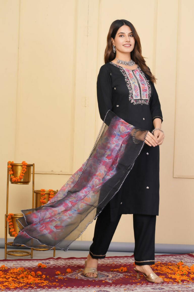Black Rayon Slub Embroidered Stitched Suit With Dupatta - Tanisha | Swadesiicart
