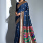 Vishnu Weaves Women's Blue Paithani Silk Zari Woven Saree with Unstitched Blouse - Swadesiicart