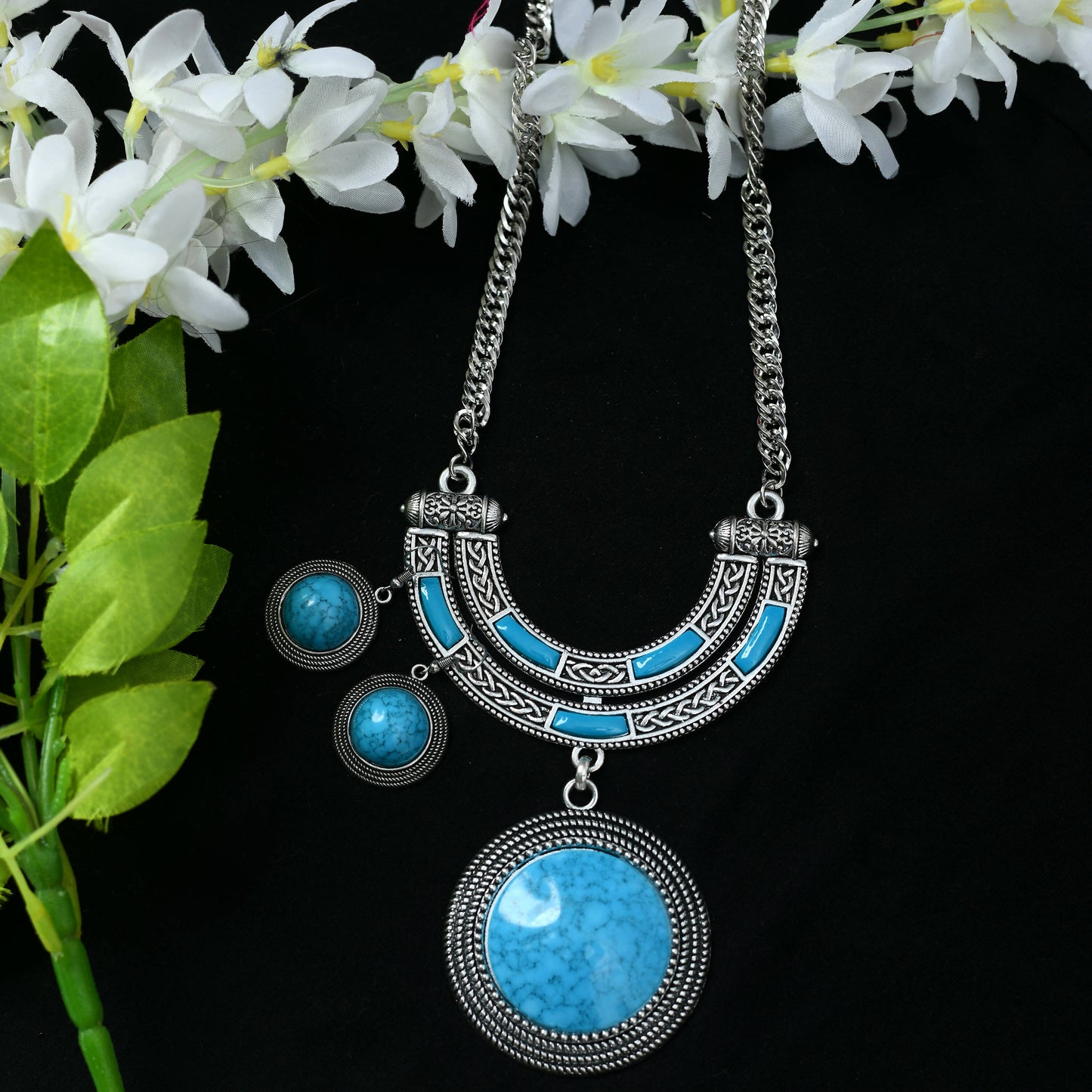 Mominos Fashion Johar Kamal Oxidised Silver-Plated Stone Work Long Necklace Handicraft Sky Blue | Swadesiicart