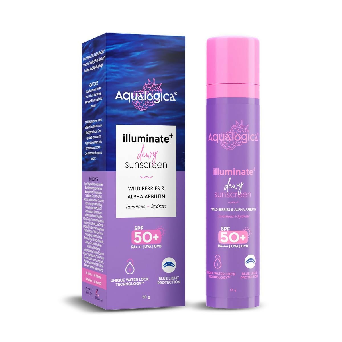 Aqualogica Illuminate+ Dewy Sunscreen SPF 50+ PA++++ with Wild Berries & Alpha Arbutin, Protection Against Uva/B & Blue Light Protection - Distacart