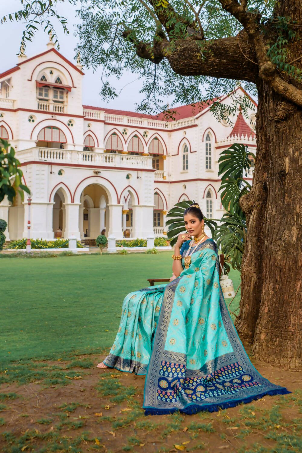 Vishnu Weaves Women's Firozi Patola Banarasi Silk Meenakari Zari Woven Saree with Blouse - Swadesiicart