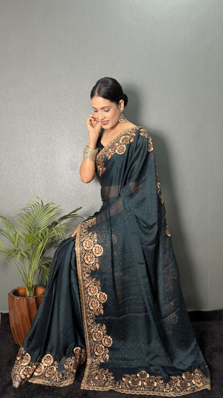 Vastranavya Morpeach Rangoli Silk Zari work with DMC Swarovski work Ready to Wear Saree | Swadesiicart