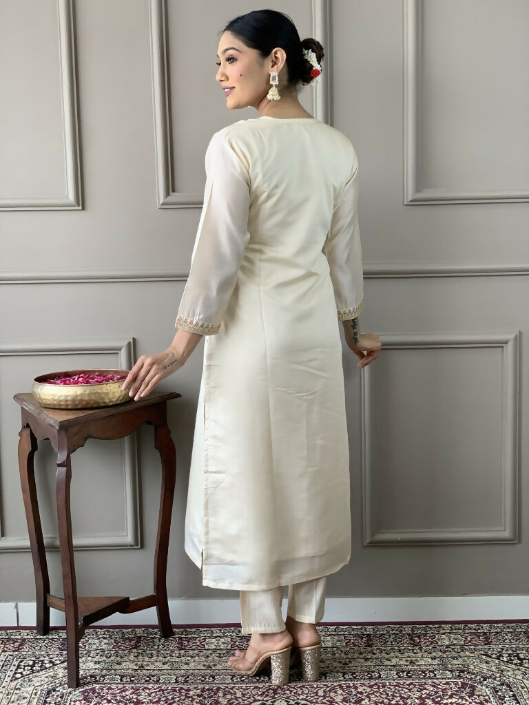 White Viscose Chanderi Stitched Suit With Dupatta - Tanisha | Swadesiicart