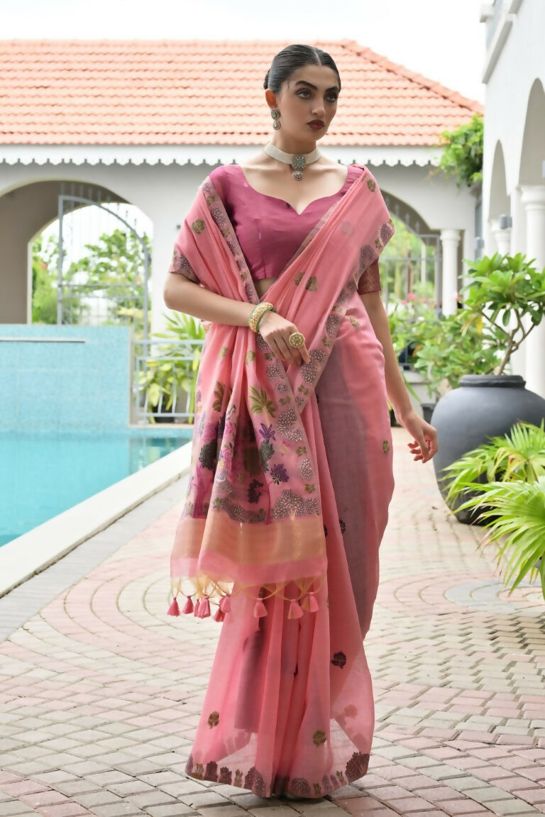 Vishnu Weaves Women's Pink Muga Cotton Thread Weaving Saree with Blouse - Swadesiicart