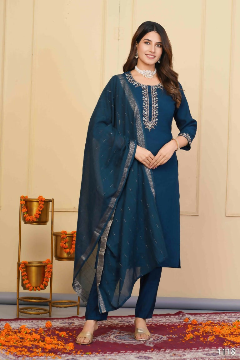 Blue Viscose Chanderi Embroidered Stitched Suit With Dupatta - Tanisha | Swadesiicart