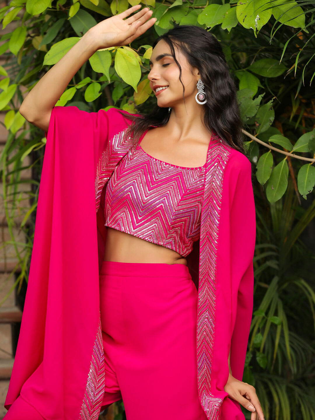 Janasya Pink Georgette Embroidered Top Bottom Cape | Swadesiicart