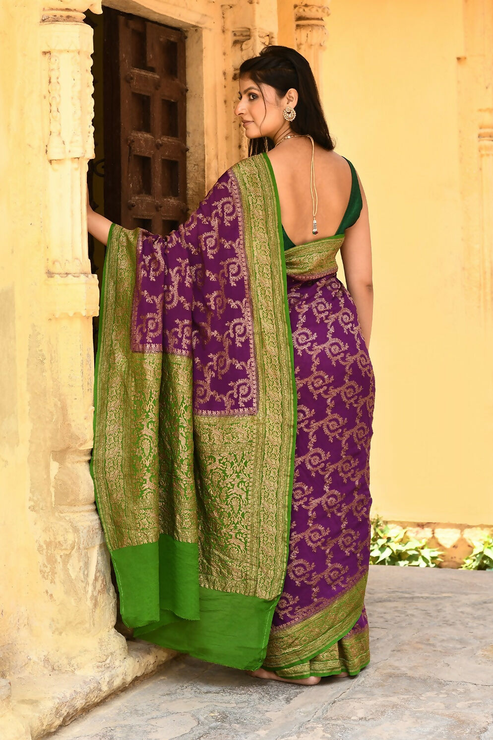 Joban Fashion Purple Crepe Chiffon Pure Handloom Banarasi Silk Saree | Swadesiicart