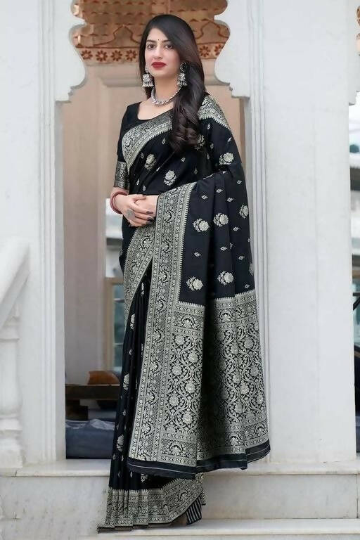 DEIANA'S Beautiful Designer Golden zari Soft Lichi Silk Saree - Black - Swadesiicart