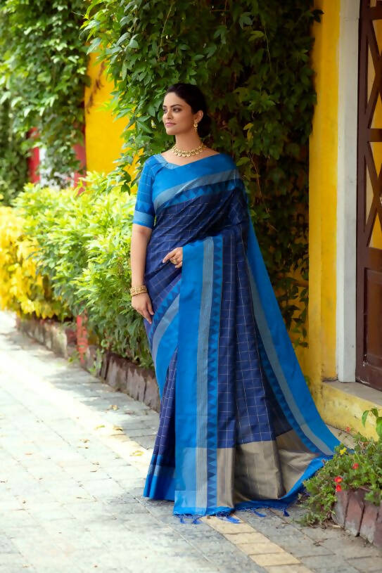 Vishnu Weaves Women's Blue Raw Silk Checks Zari Woven Saree with Unstitched Blouse - Swadesiicart