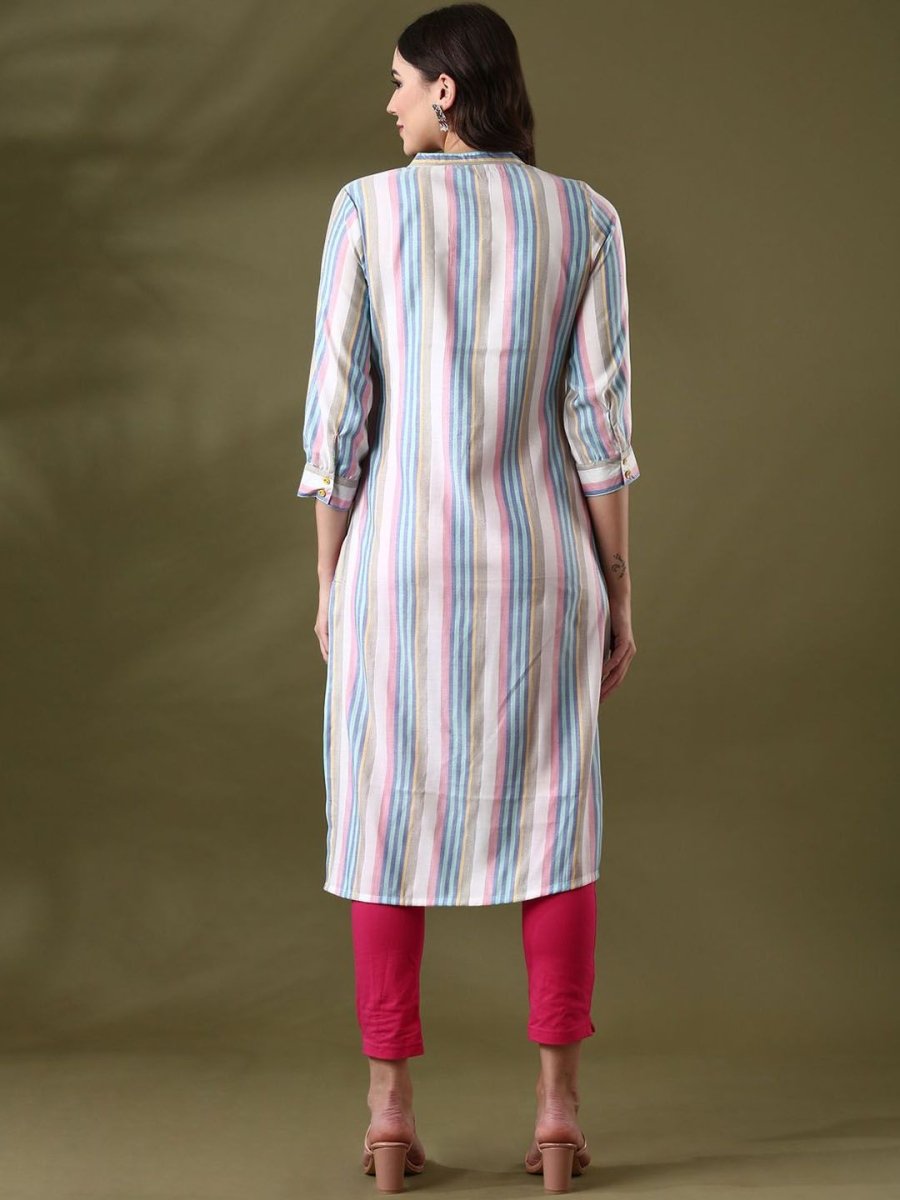Anouk White Striped Mandarin Collar Pure Cotton Straight Kurta - Swadesiicart