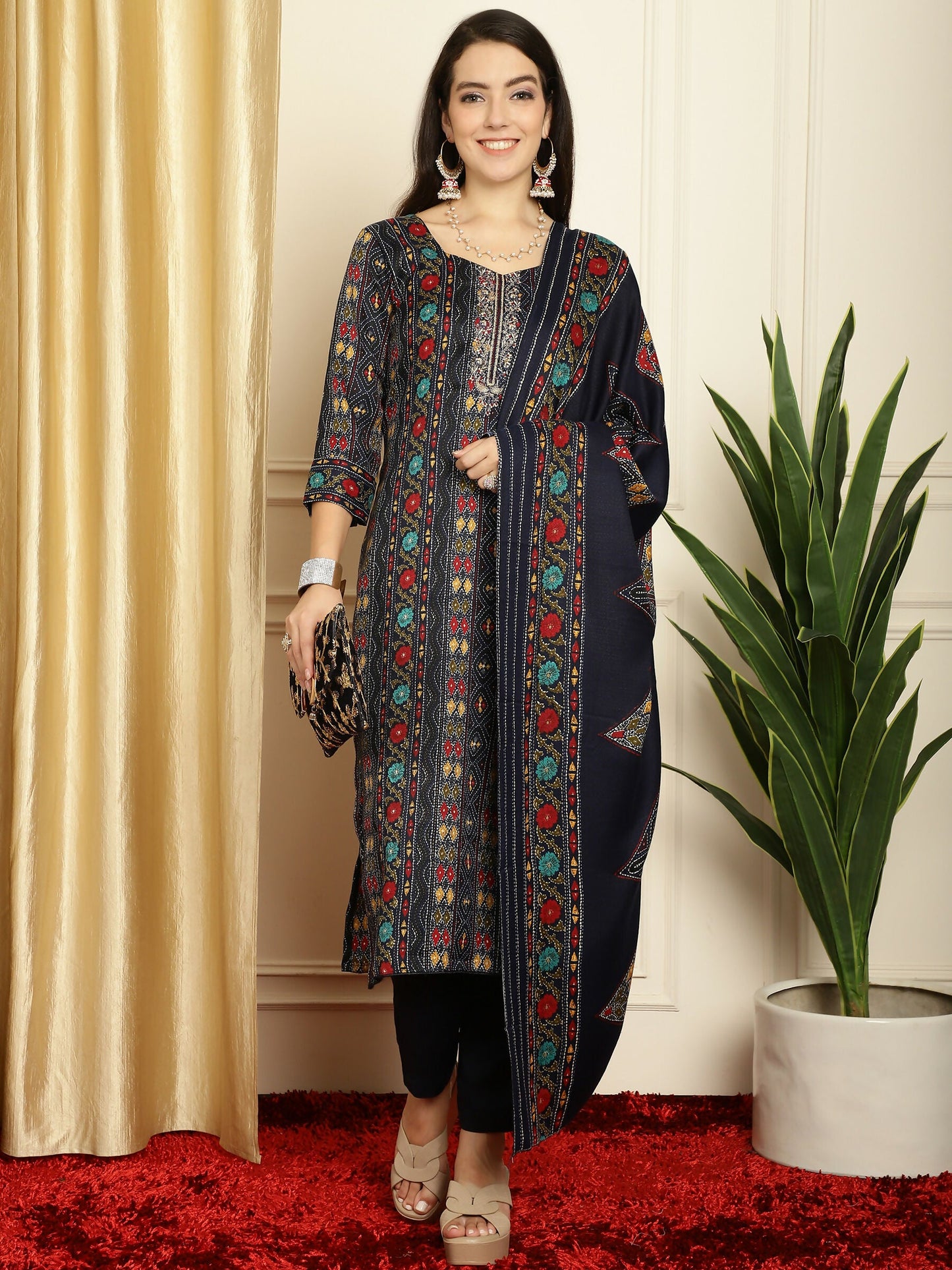 Jyoti Fashion Women's Navy Blue Pashmina Floral Digital Printed Kurta with Trouser & Dupatta | Swadesiicart