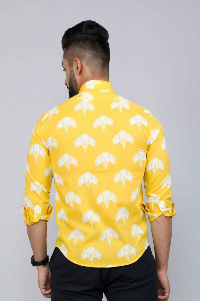 Miravan Men's Yellow and White Floral Printed Full Sleeves Cotton Casual Shirt | Swadesiicart
