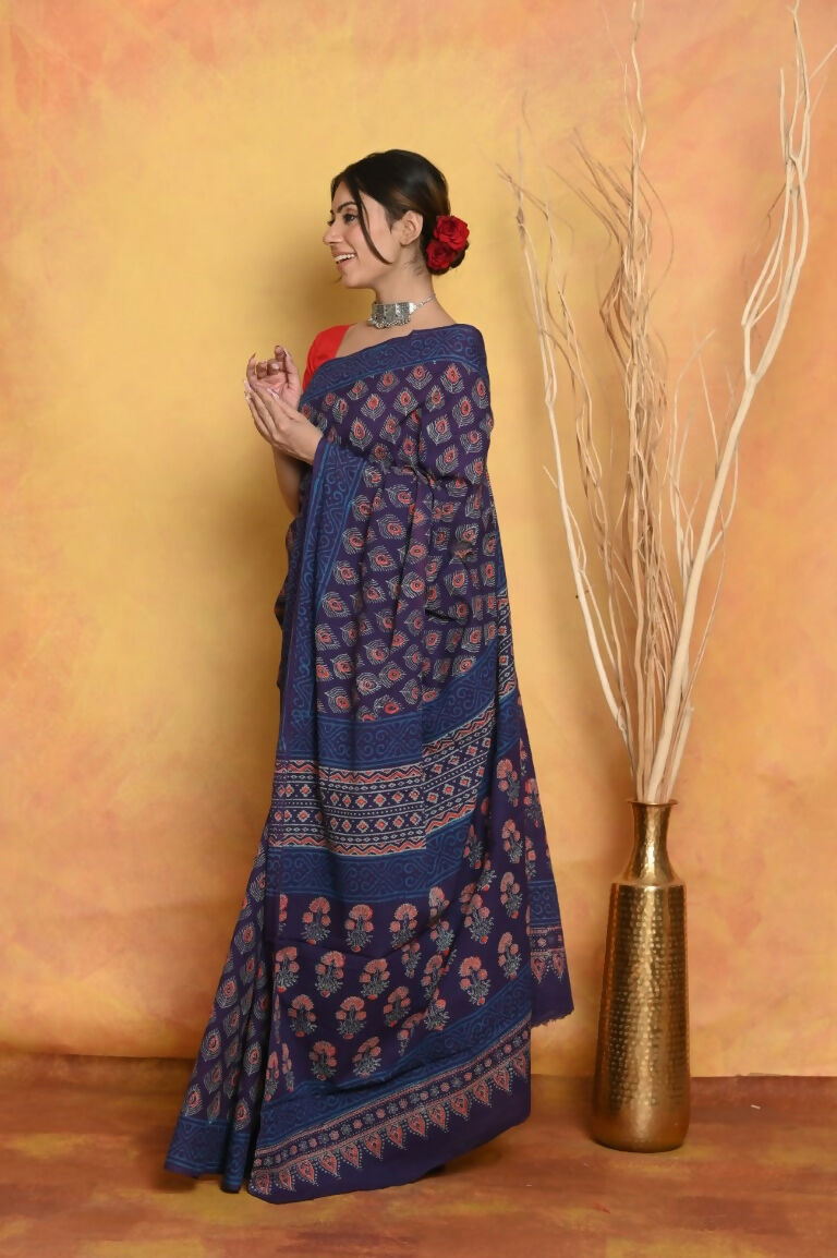 Very Much Indian Handblock Printed Cotton Saree With Natural Dyes - Blue | Swadesiicart