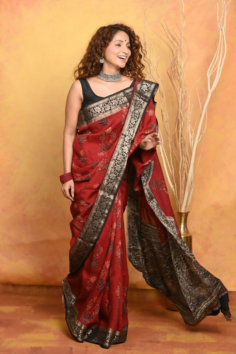 Very Much Indian Modal Silk Ajrakh Handblock Printed Natural Dyes With Designer Border Saree - Red | Swadesiicart