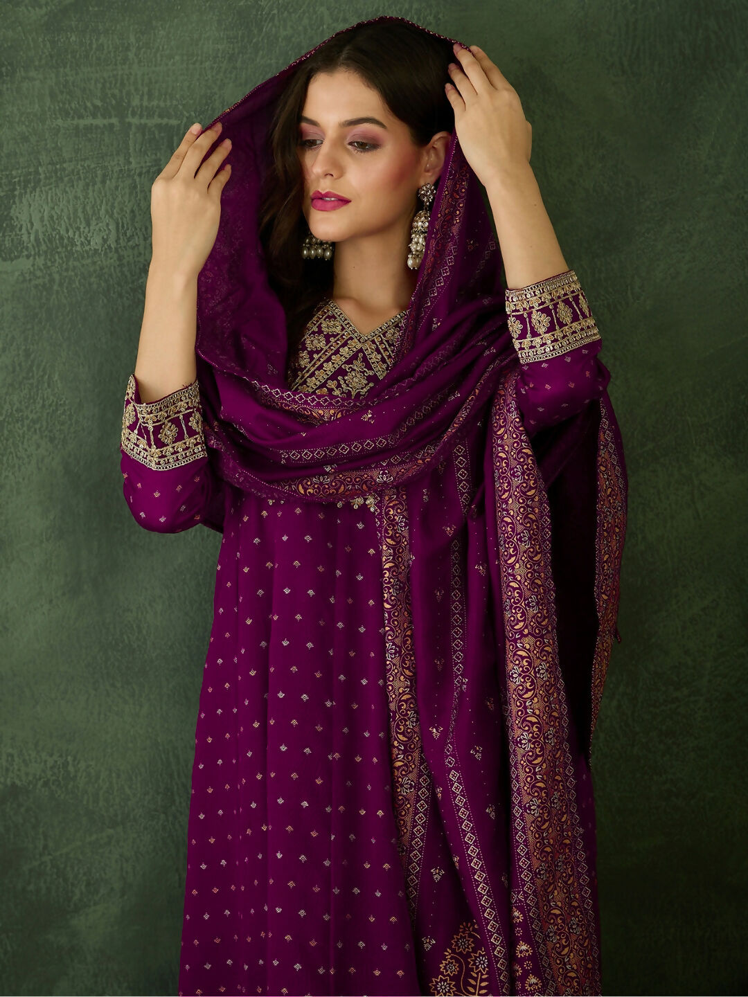 The52 Wine Women's Gorgeous Embroidered Work Vichitra Silk Fabric Flared Kurta Pant and Dupatta Set - Swadesiicart