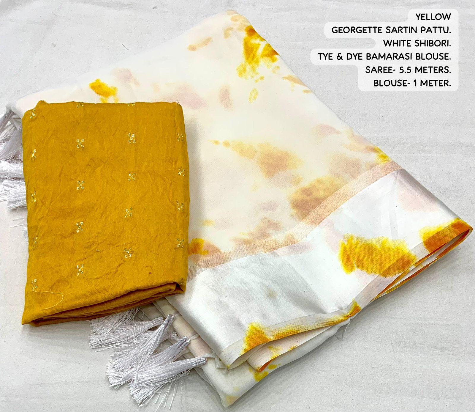 Yellow Poly Georgette Tie and Dye Saree with Unstitched Blouse - Hiral Fashion | Swadesiicart