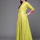 Ahalyaa Women Lime Yellow & Pink Printed Pleated A-Line Maxi Ethnic Dress | Swadesiicart