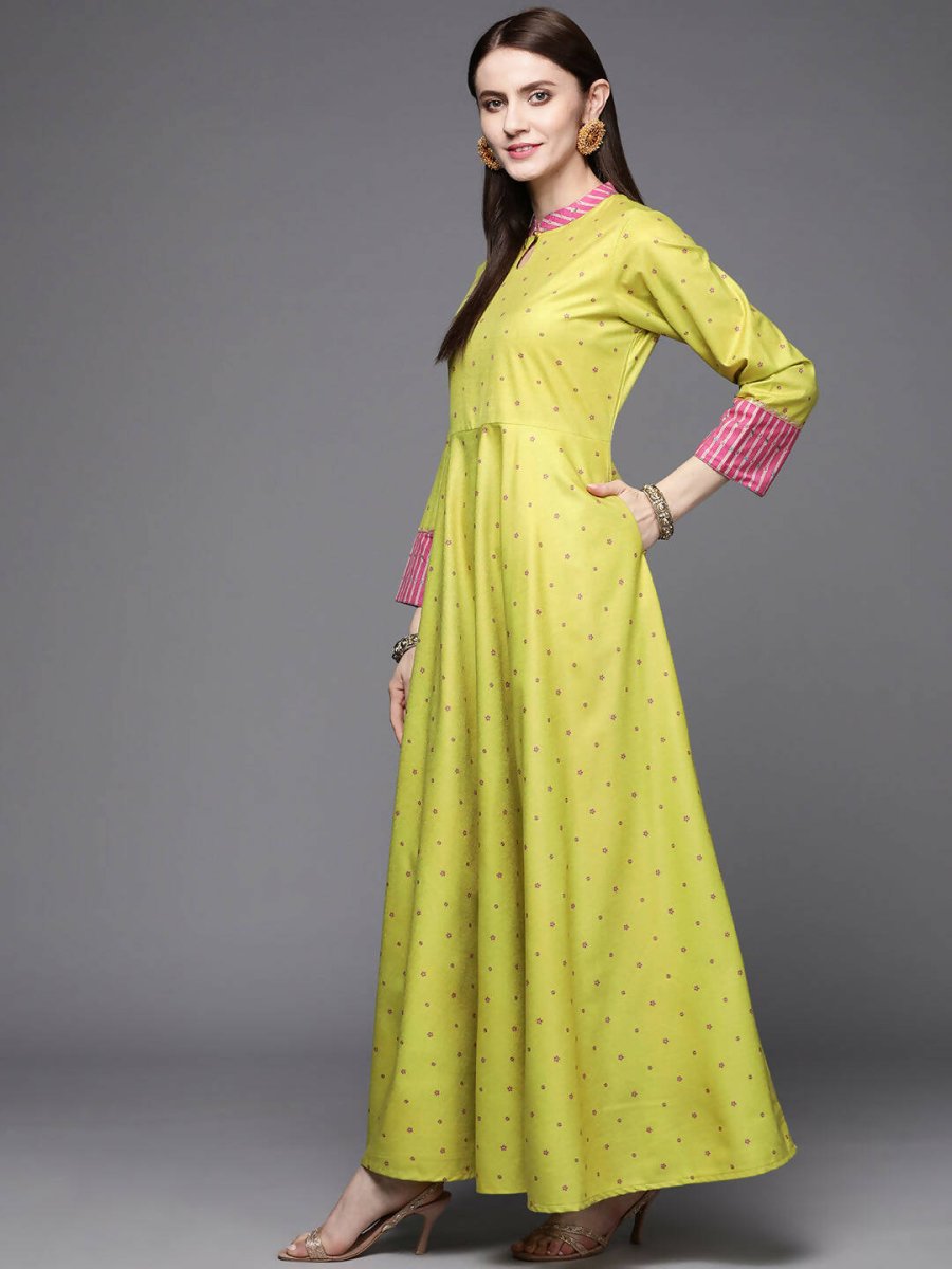 Ahalyaa Women Lime Yellow & Pink Printed Pleated A-Line Maxi Ethnic Dress | Swadesiicart
