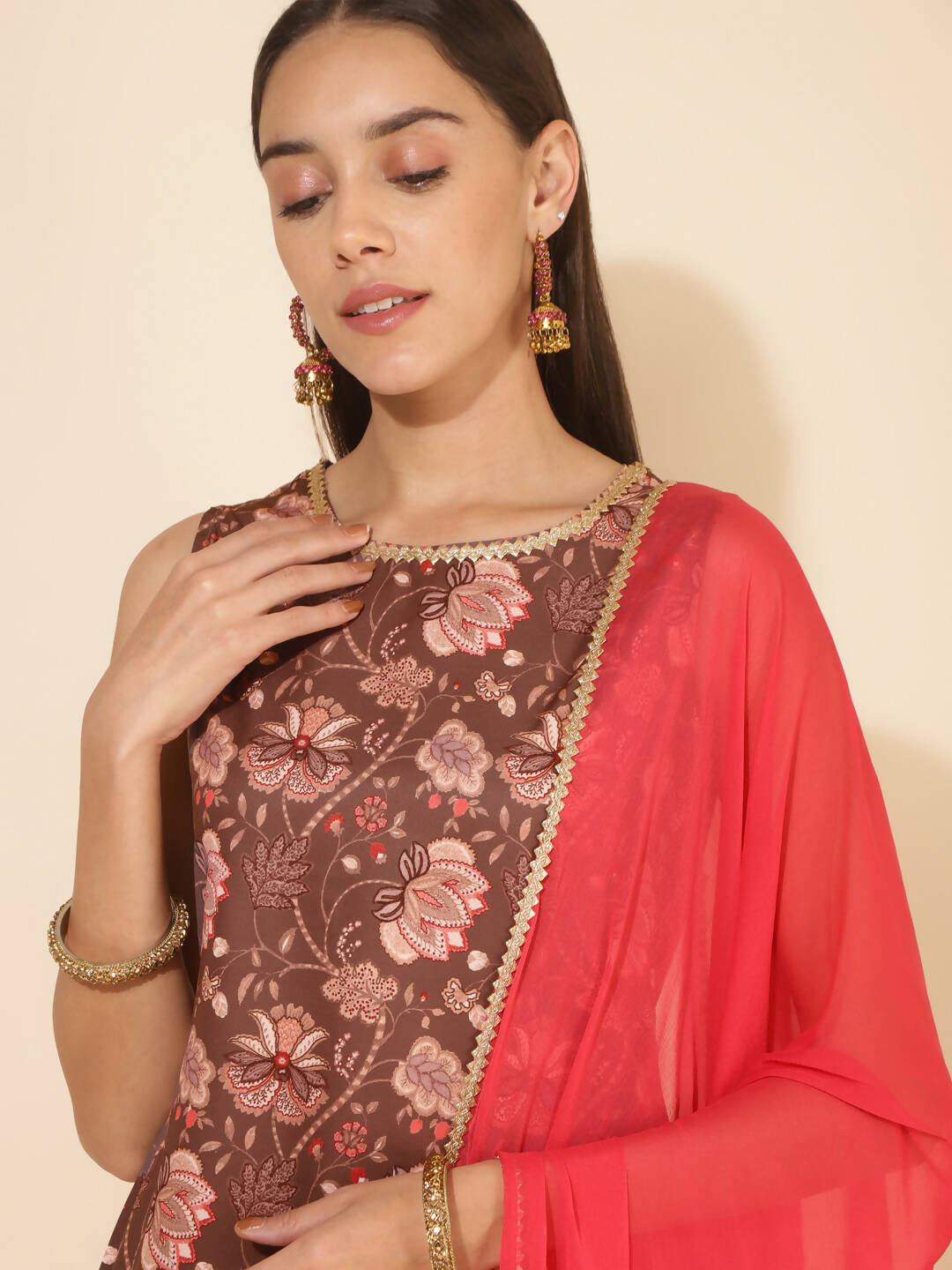 Janasya Women's Brown Crepe Digital Floral Printed Festive Straight Kurta Set | Swadesiicart