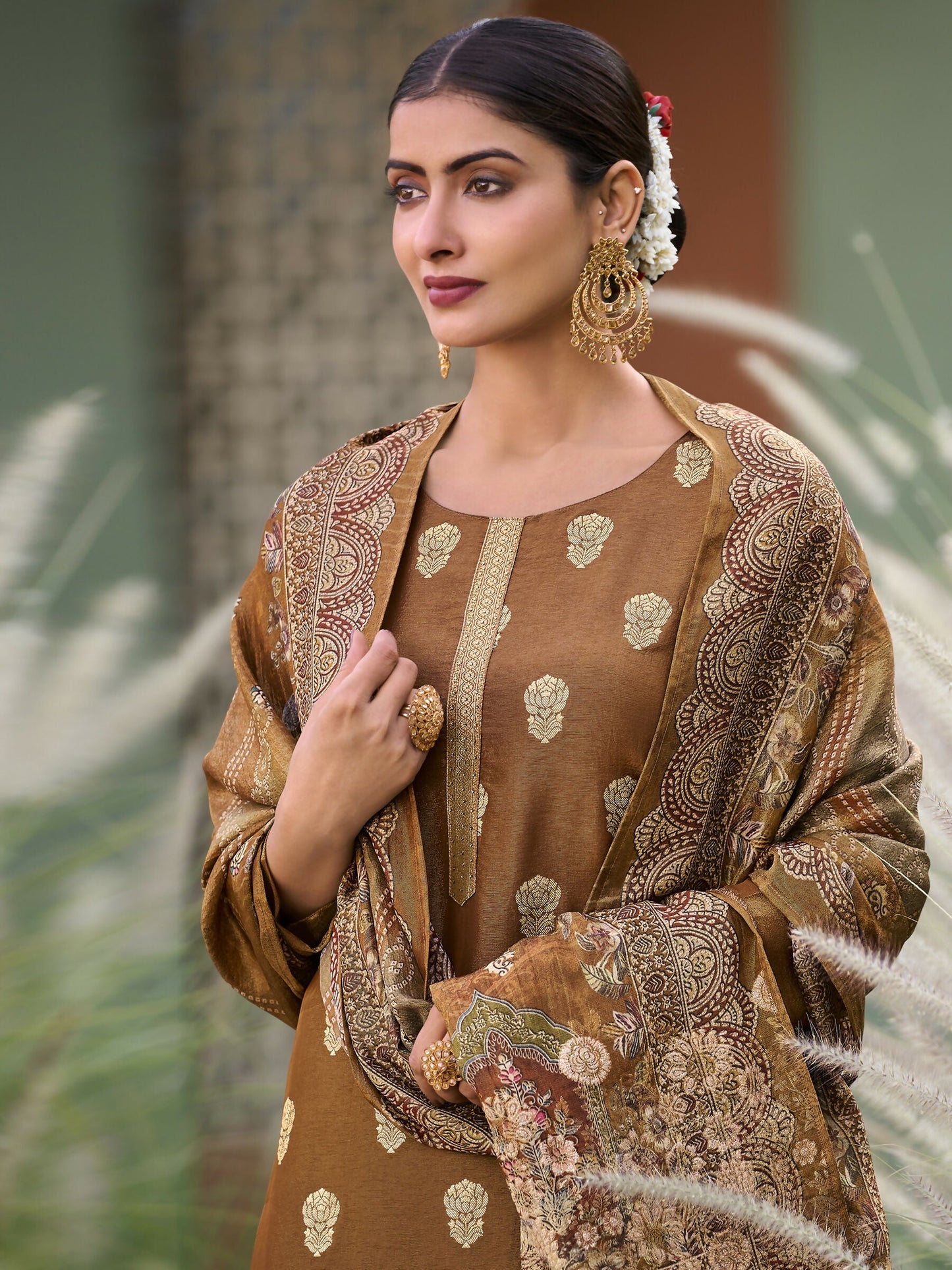 Jyoti Fashion Women's Brown Pure Silk Elegant Jacquard Woven Kurta with Trouser & Dupatta | Swadesiicart